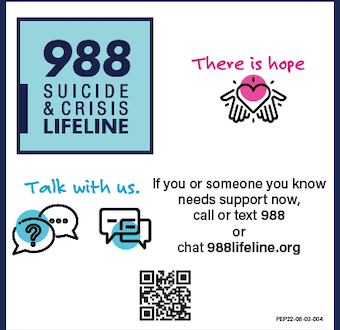 Graphic of a 988 Suicide & Crisis Lifeline magnet with an image of open hands with a heart between them and text that reads, there is hope; and speech balloons that read, talk with us. Suicide prevention
